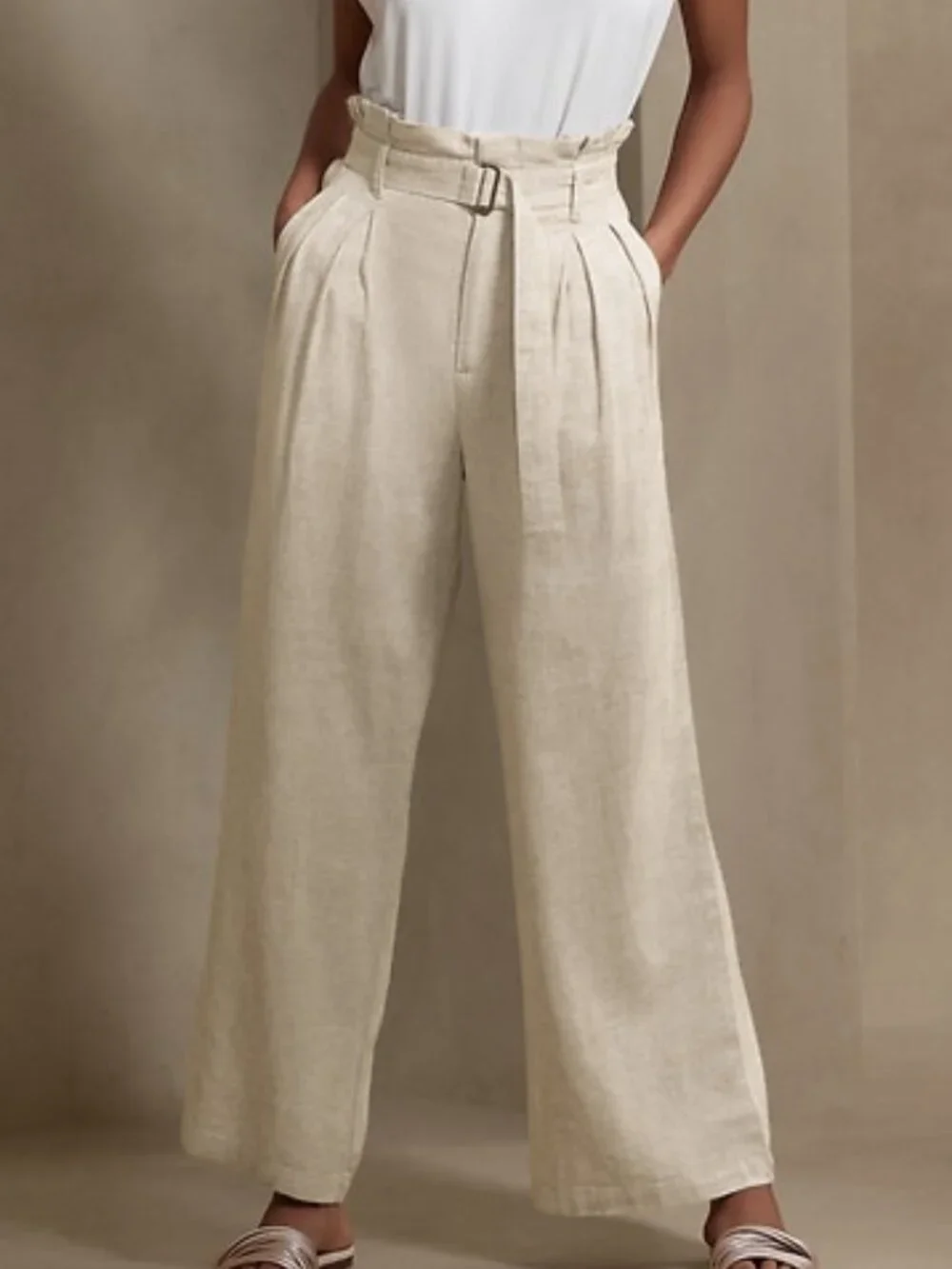 Banana Republic Linen Paperbag Pant Flowy High Rise Ultra Wide Leg Beige Trouser